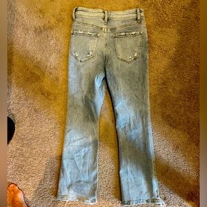 Blue Straight Leg Jeans with Distressed Details